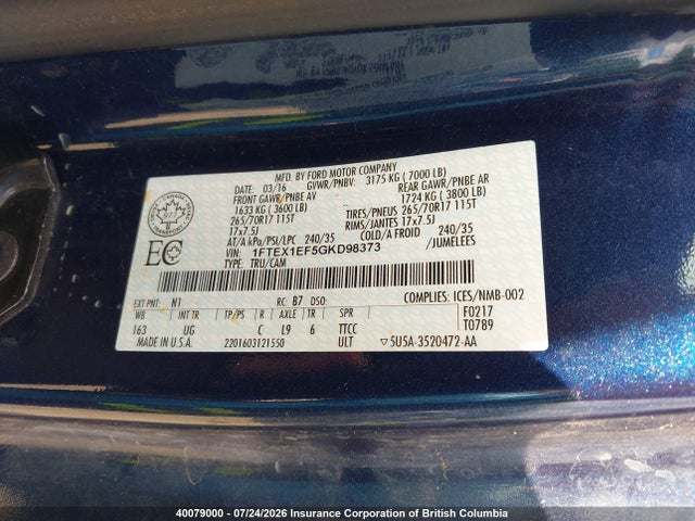 Ford F150 Super Cab 2016 1FTEX1EF5GKD98373 Image 9