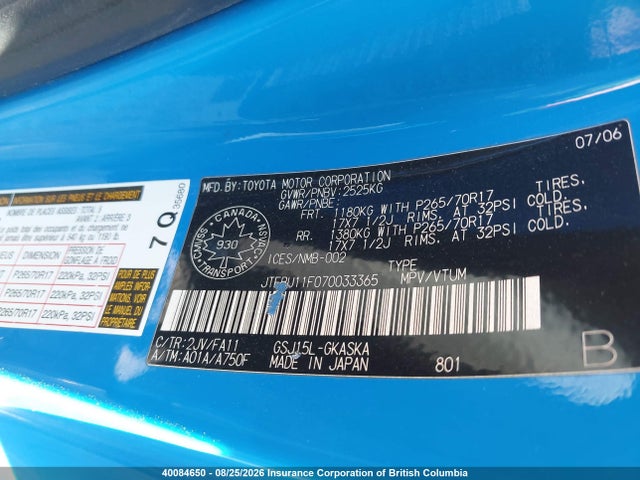 40084650 :رقم المزاد ، JTEBU11F070033365 vin ، 2007 Toyota Fj Cruiser مزاد بيع