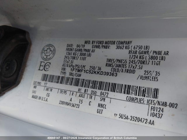 Ford F150 2019 1FTMF1C52KKD39363 Image 9