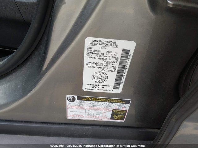 40083590 :رقم المزاد ، JNRBS08W55X401084 vin ، 2005 Infiniti Fx45 مزاد بيع