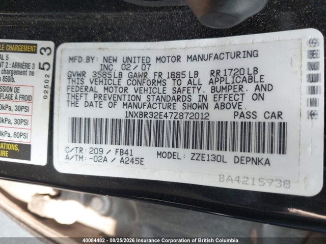 40084482 :رقم المزاد ، 1NXBR32E47Z872012 vin ، 2007 Toyota Corolla Ce/le/s مزاد بيع