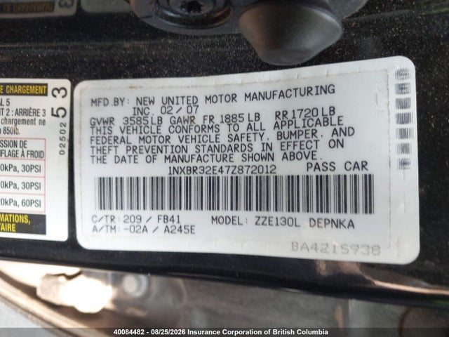 40084482 :رقم المزاد ، 1NXBR32E47Z872012 vin ، 2007 Toyota Corolla Ce/le/s مزاد بيع
