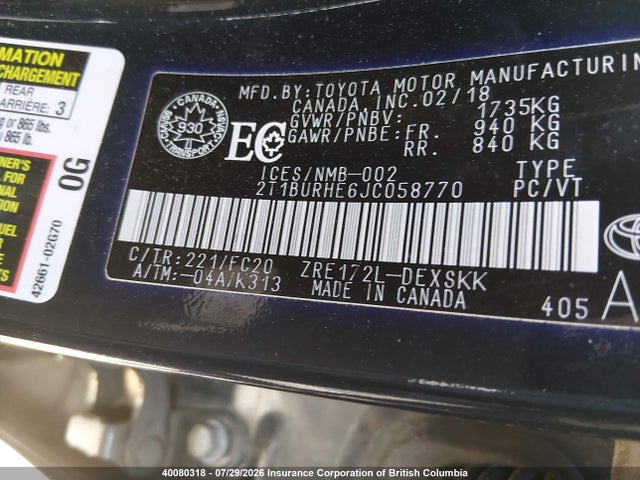 2T1BURHE6JC058770 Toyota Corolla L/le/xle/se/xse
