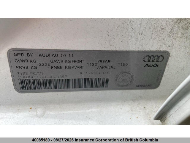 Продаж на аукціоні авто 2012 Audi A4, vin: WAUBFCFL4CN003367, номер лоту: 40085180