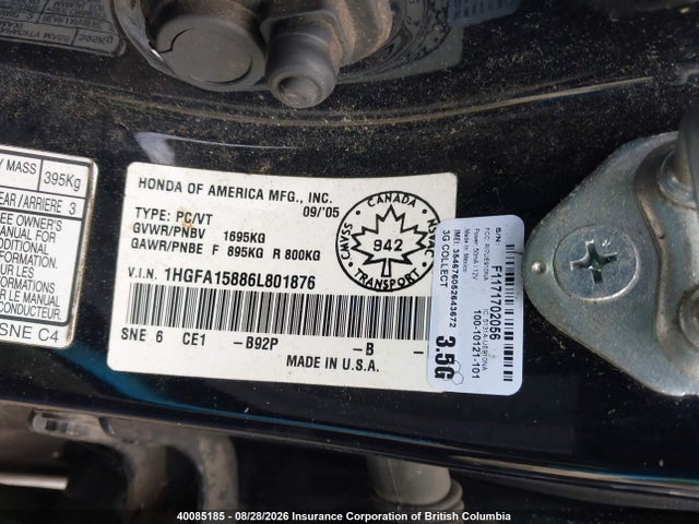 Продажа на аукционе авто 2006 Honda Civic, vin: 1HGFA15886L801876, номер лота: 40085185