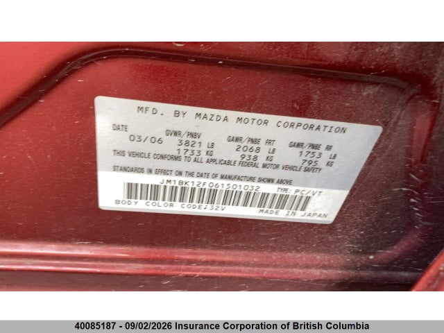 Aukcja sprzedaży 2006 Mazda 3 I, vin: JM1BK12F061501032, numer aukcji: 40085187