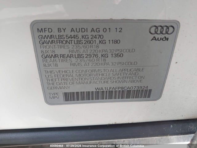 2012 Audi Q5 Premium Plus მანქანა იყიდება აუქციონზე, vin: WA1LFAFP8CA073924, აუქციონის ნომერი: 40080468