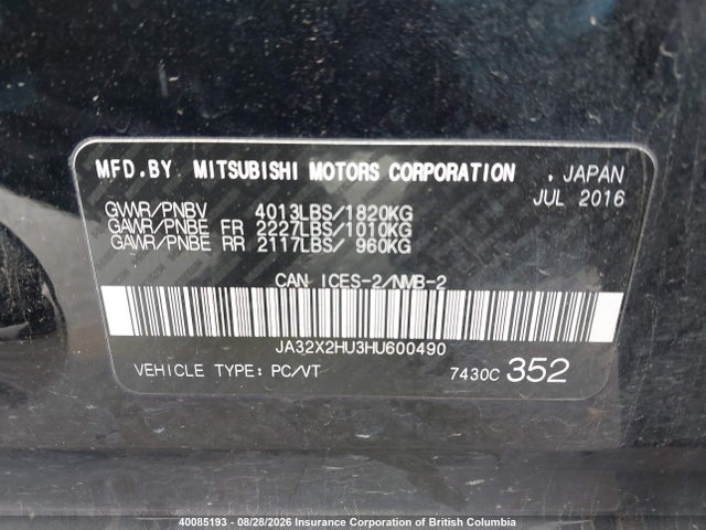 40085193 :رقم المزاد ، JA32X2HU3HU600490 vin ، 2017 Mitsubishi Lancer Sportback Se Ltd/sptbk Gt مزاد بيع