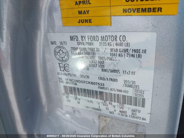 40085217 :رقم المزاد ، 1FMCU9DG7CKB07533 vin ، 2012 Ford Escape Xlt مزاد بيع