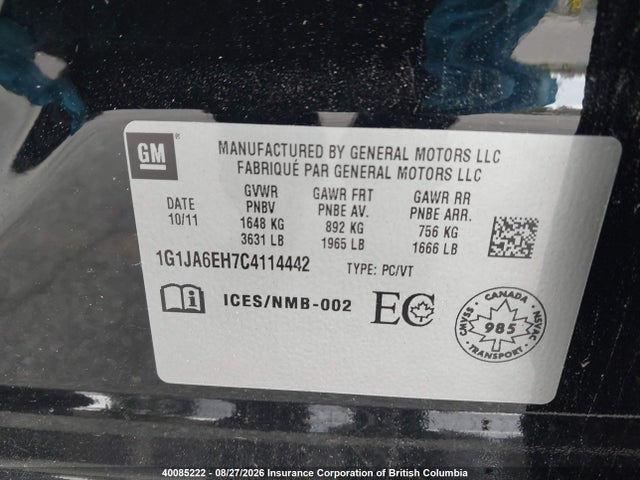 2012 Chevrolet Sonic მანქანა იყიდება აუქციონზე, vin: 1G1JA6EH7C4114442, აუქციონის ნომერი: 40085222