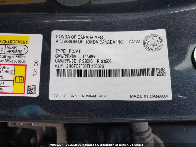Honda Civic 2023 2HGFE2F36PH105626 Image 9