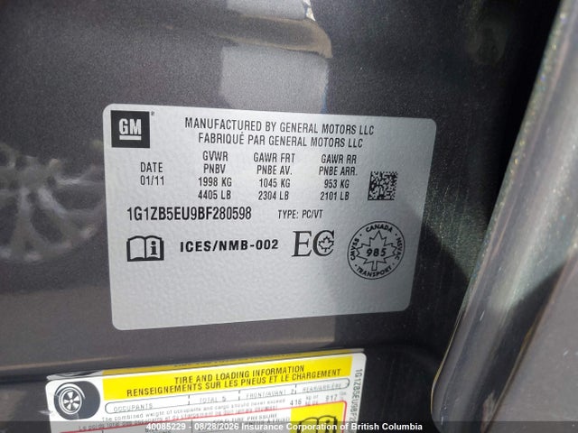 40085229 :رقم المزاد ، 1G1ZB5EU9BF280598 vin ، 2011 Chevrolet Malibu Ls مزاد بيع
