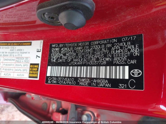 Toyota Prius 2017 JTDKARFP1H3037728 Image 9