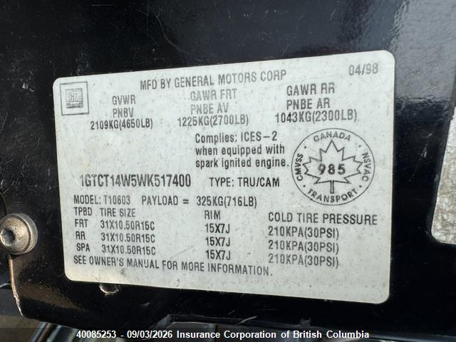Aukcja sprzedaży 1998 Gmc Sonoma, vin: 1GTCT14W5WK517400, numer aukcji: 40085253