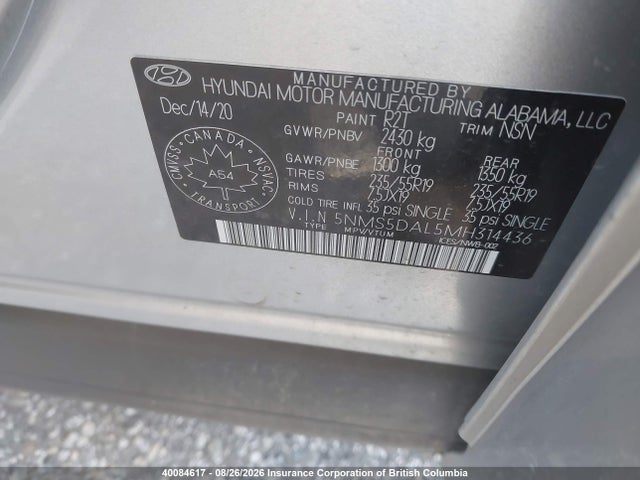 5NMS5DAL5MH314436 Hyundai Santa Fe Calligraphy