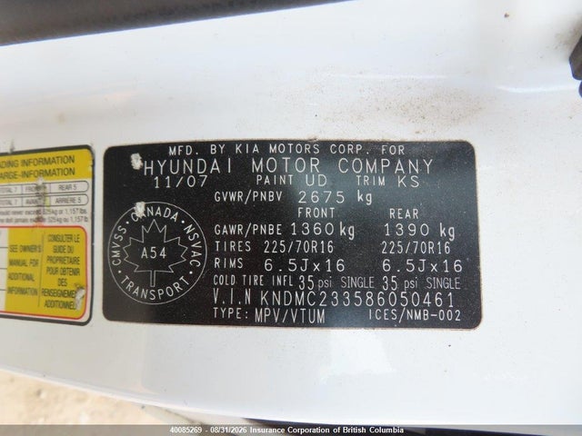 Aukcja sprzedaży 2008 Hyundai Entourage Gls/se/limited, vin: KNDMC233586050461, numer aukcji: 40085269