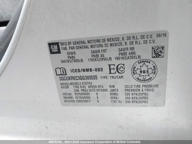 3GCUKREC3GG380525 Chevrolet Silverado K1500 Lt