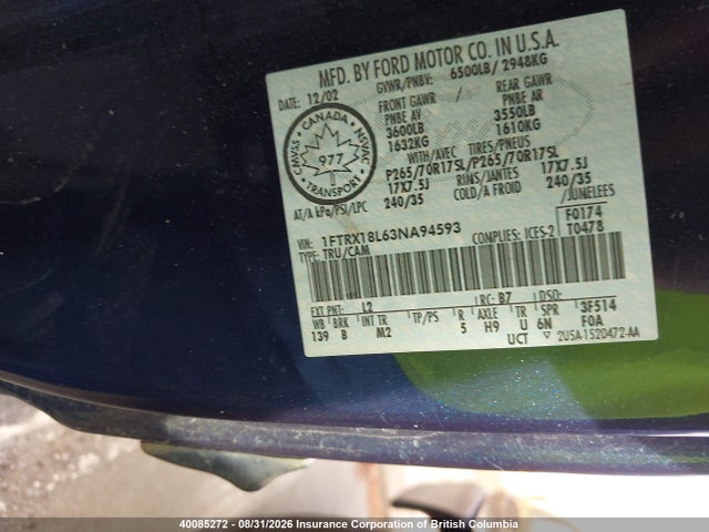 40085272 :رقم المزاد ، 1FTRX18L63NA94593 vin ، 2003 Ford F150 مزاد بيع