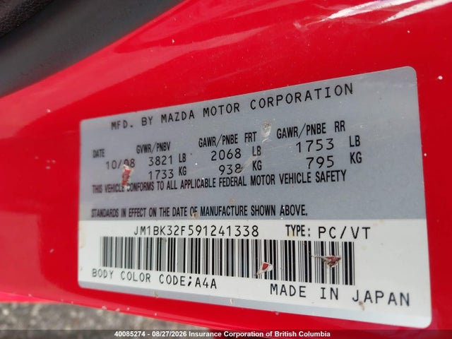 Aukcja sprzedaży 2009 Mazda 3 I, vin: JM1BK32F591241338, numer aukcji: 40085274
