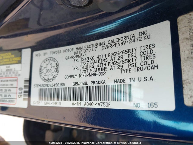 40085278 :رقم المزاد ، 5TEMU52N07Z456165 vin ، 2007 Toyota Tacoma Base V6 مزاد بيع