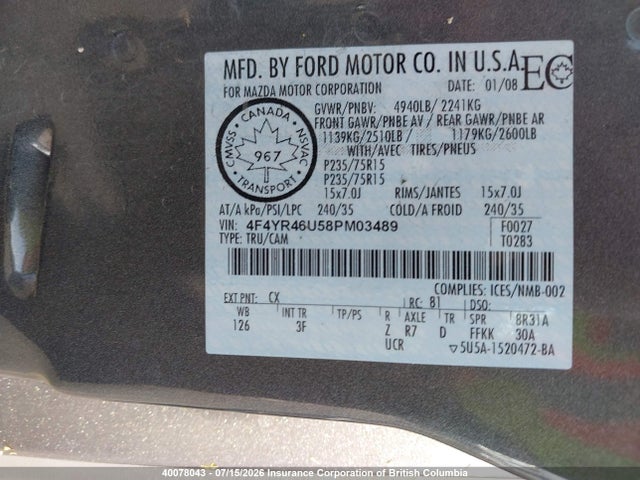 Продаж на аукціоні авто 2008 Mazda B3000 Cab Plus, vin: 4F4YR46U58PM03489, номер лоту: 40078043