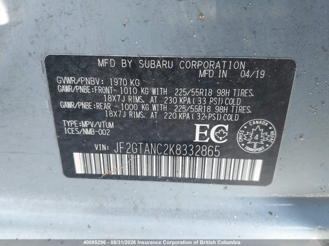 Auction sale of the 2019 Subaru Crosstrek Limited, vin: JF2GTANC2K8332865, lot number: 40085296