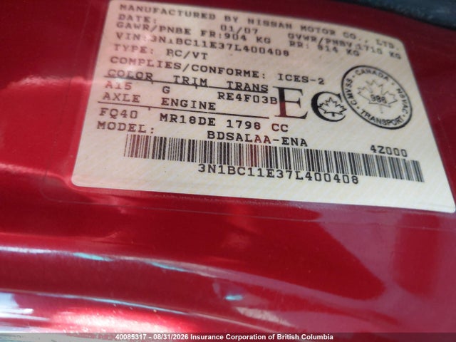Aukcja sprzedaży 2007 Nissan Versa, vin: 3N1BC11E37L400408, numer aukcji: 40085317