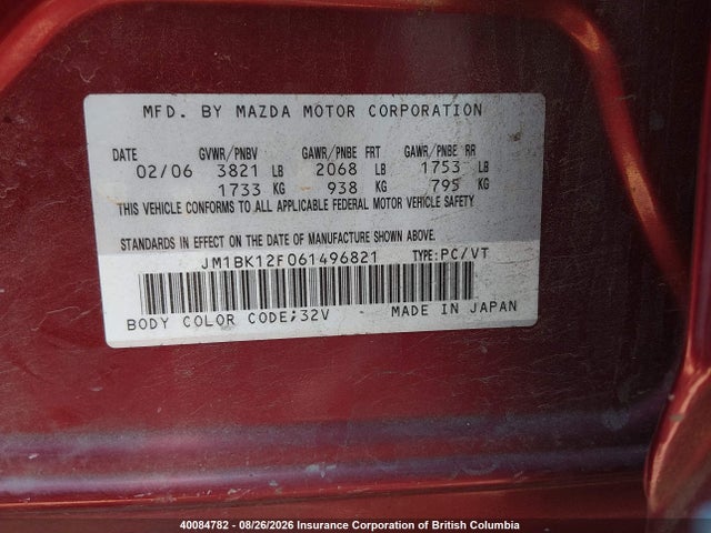 40084782 :رقم المزاد ، JM1BK12F061496821 vin ، 2006 Mazda 3 I مزاد بيع