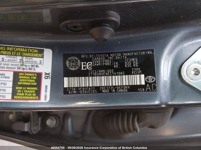 2T1BURHE9EC141065 Toyota Corolla L/le/le Pls/prm/s/s Pls