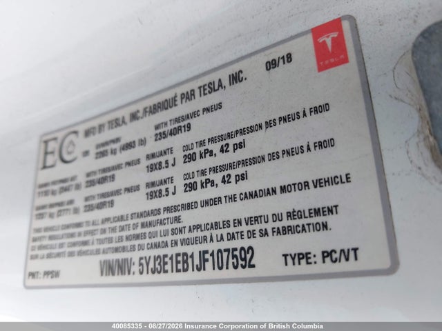 Tesla MODEL 3 2018 5YJ3E1EB1JF107592 Image 9