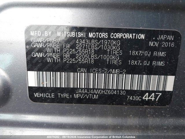 2017 Mitsubishi Rvr Se Limited/gt მანქანა იყიდება აუქციონზე, vin: JA4AJ4AW0HZ604130, აუქციონის ნომერი: 40079282