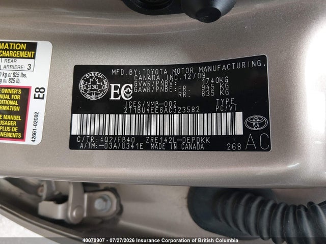 40079907 :رقم المزاد ، 2T1BU4EE6AC323582 vin ، 2010 Toyota Corolla S/le/xle مزاد بيع