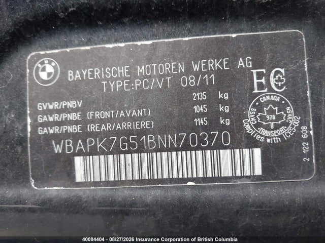 Aukcja sprzedaży 2011 Bmw 3 Series, vin: WBAPK7G51BNN70370, numer aukcji: 40084404