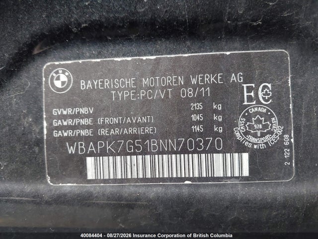 Aukcja sprzedaży 2011 Bmw 3 Series, vin: WBAPK7G51BNN70370, numer aukcji: 40084404