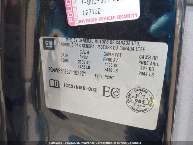 40085342 :رقم المزاد ، 2G4WF582571193221 vin ، 2007 Buick Allure Cx مزاد بيع