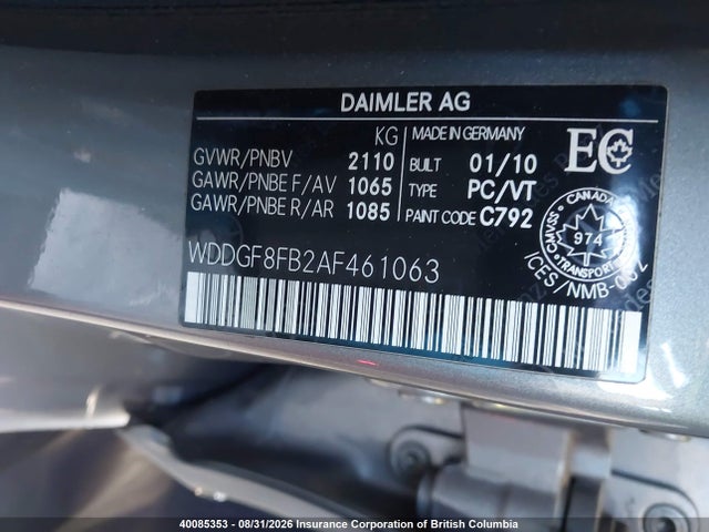 40085353 :رقم المزاد ، WDDGF8FB2AF461063 vin ، 2010 Mercedes-benz C 250 4matic مزاد بيع