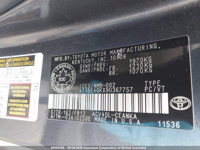 40085356 :رقم المزاد ، 4T1BE46KX9U367757 vin ، 2009 Toyota Camry مزاد بيع
