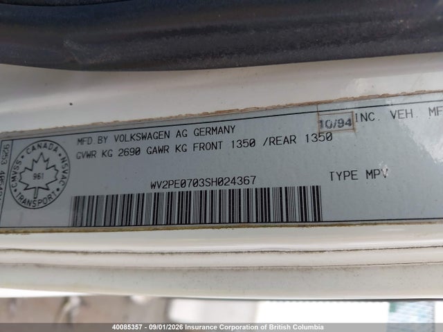 Продажа на аукционе авто 1995 Volkswagen Eurovan Camper, vin: WV2PE0703SH024367, номер лота: 40085357
