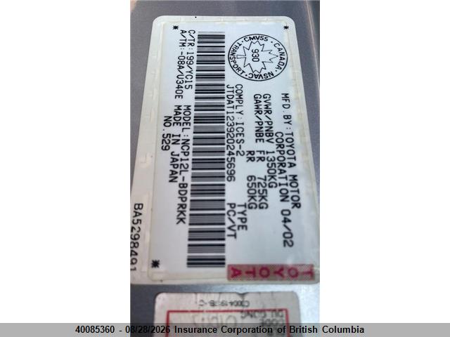 40085360 :رقم المزاد ، JTDAT123920245696 vin ، 2002 Toyota Echo مزاد بيع