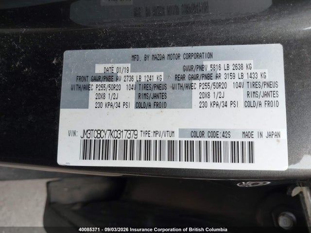Продажа на аукционе авто 2019 Mazda Cx-9, vin: JM3TCBCY7K0317379, номер лота: 40085371