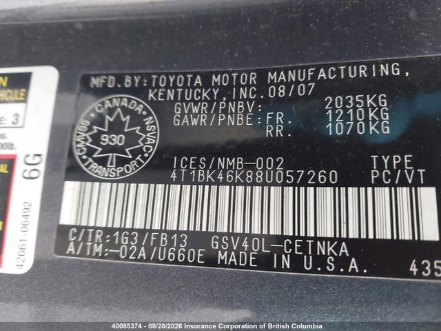 40085374 :رقم المزاد ، 4T1BK46K88U057260 vin ، 2008 Toyota Camry مزاد بيع