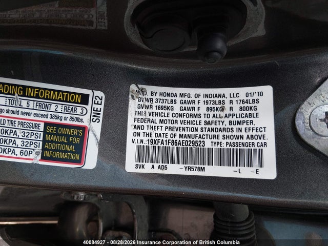 Aukcja sprzedaży 2010 Honda Civic Ex, vin: 19XFA1F86AE029523, numer aukcji: 40084927
