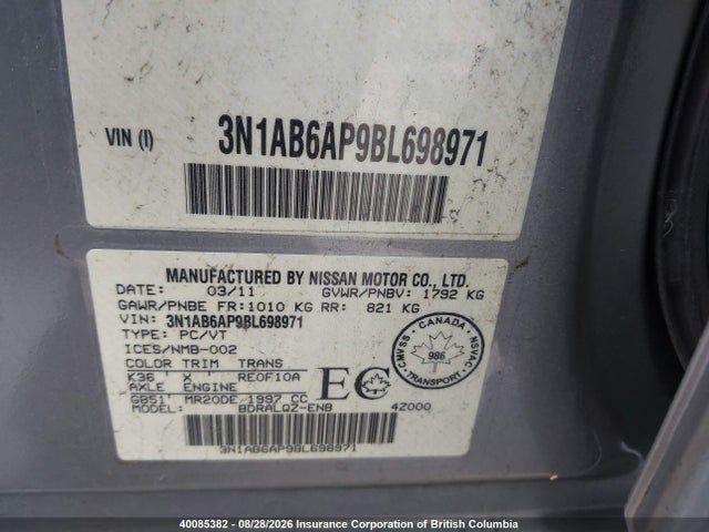 40085382 :رقم المزاد ، 3N1AB6AP9BL698971 vin ، 2011 Nissan Sentra 2.0/2.0s/sr/2.0sl مزاد بيع