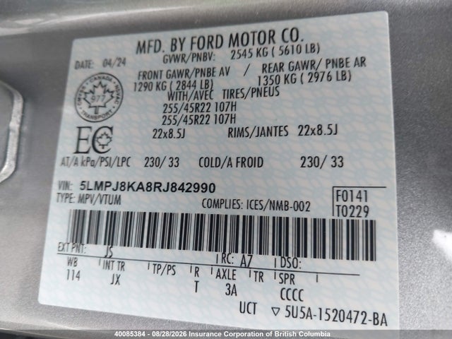 Продаж на аукціоні авто 2024 Lincoln Nautilus Reserve, vin: 5LMPJ8KA8RJ842990, номер лоту: 40085384