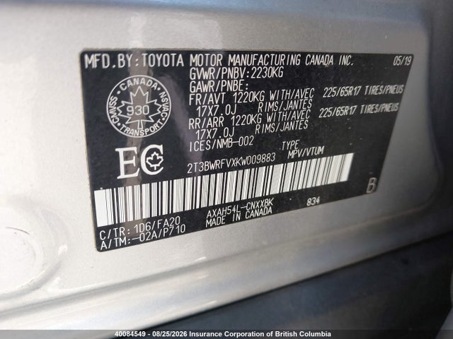 40084549 :رقم المزاد ، 2T3BWRFVXKW009883 vin ، 2019 Toyota Rav4 Hybrid Le مزاد بيع