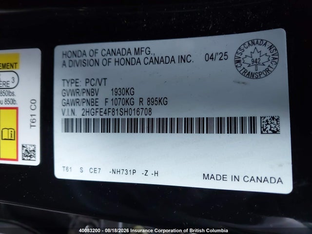 2HGFE4F81SH016708 Honda Civic Sport/sport Touring