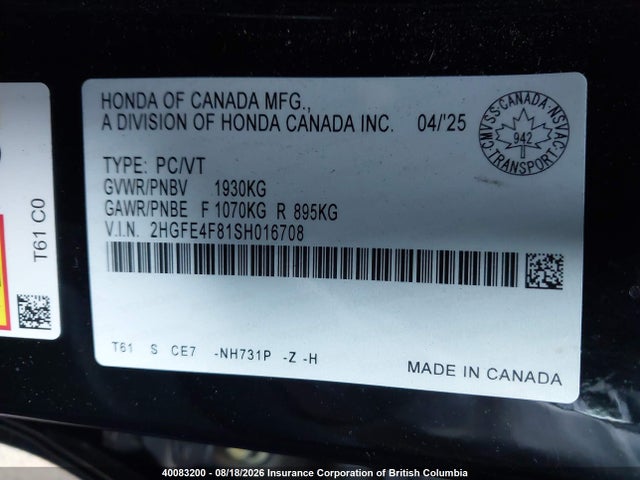 2HGFE4F81SH016708 Honda Civic Sport/sport Touring