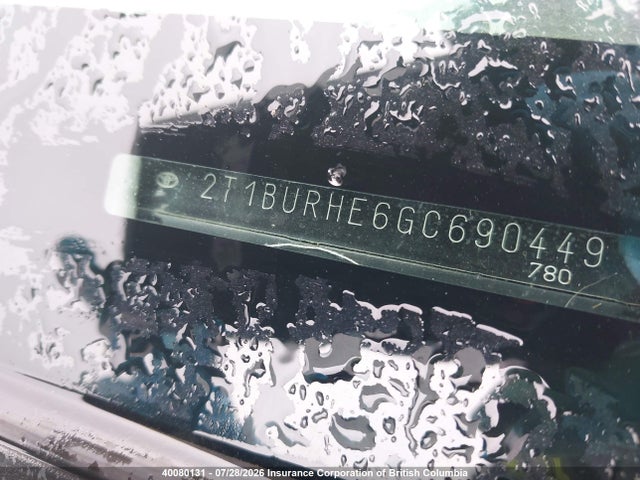 40080131 :رقم المزاد ، 2T1BURHE6GC690449 vin ، 2016 Toyota Corolla L/le/le Pls/prm/s/s Pls مزاد بيع