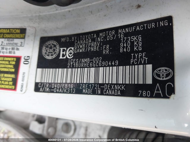 40080131 :رقم المزاد ، 2T1BURHE6GC690449 vin ، 2016 Toyota Corolla L/le/le Pls/prm/s/s Pls مزاد بيع