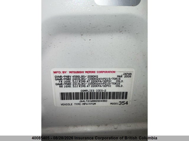 Aukcja sprzedaży 2008 Mitsubishi Outlander Es, vin: JA4LT21W98Z604960, numer aukcji: 40085405